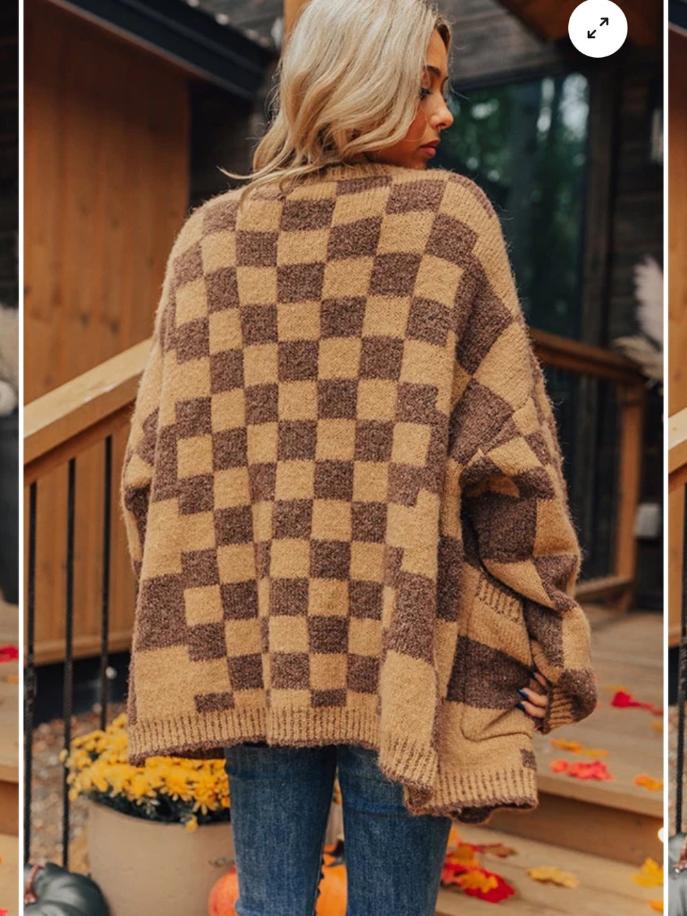 BiBi Checkerboard Open-Front Cardigan Sweater - Brown & Tan
